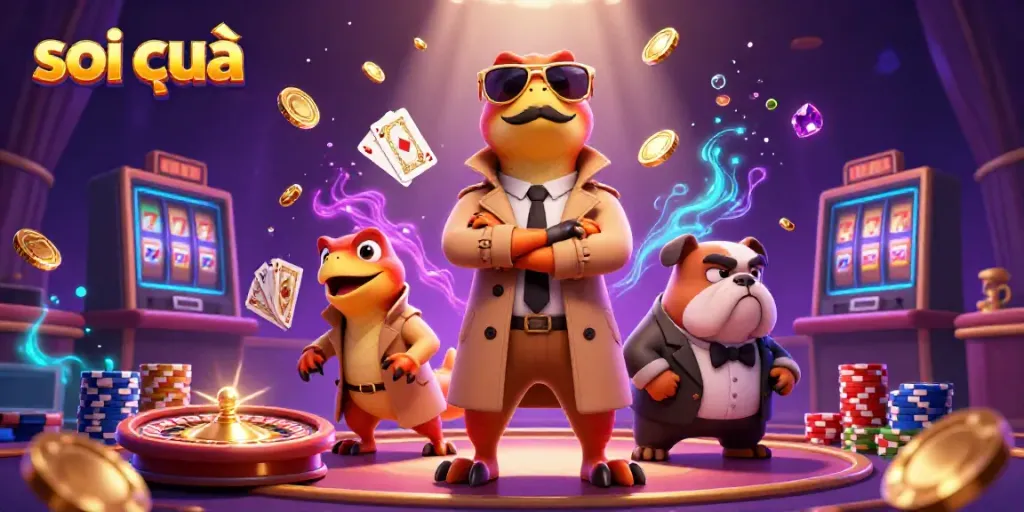 Capture the excitement of soi cầu with masked raptors and a bulldog in a colorful casino atmosphere.