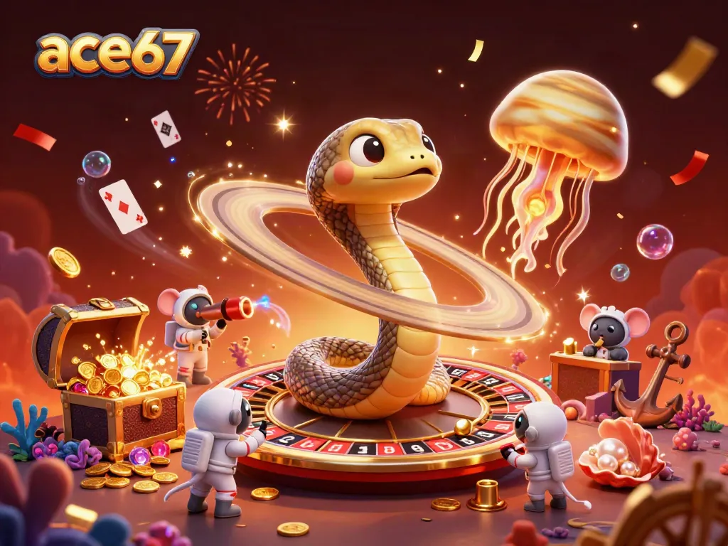Ace67 casino scene featuring a roulette wheel snake with astronaut mice betting amid underwater treasures and cosmic elements.