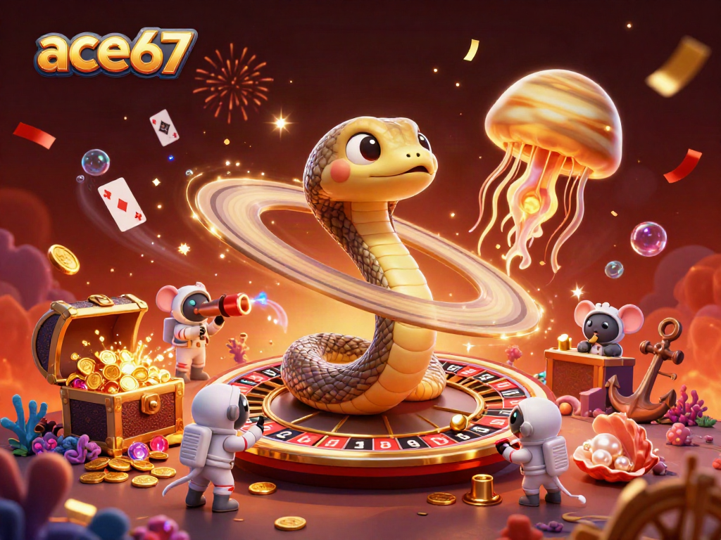 Ace67 casino scene featuring a roulette wheel snake with astronaut mice betting amid underwater treasures and cosmic elements.