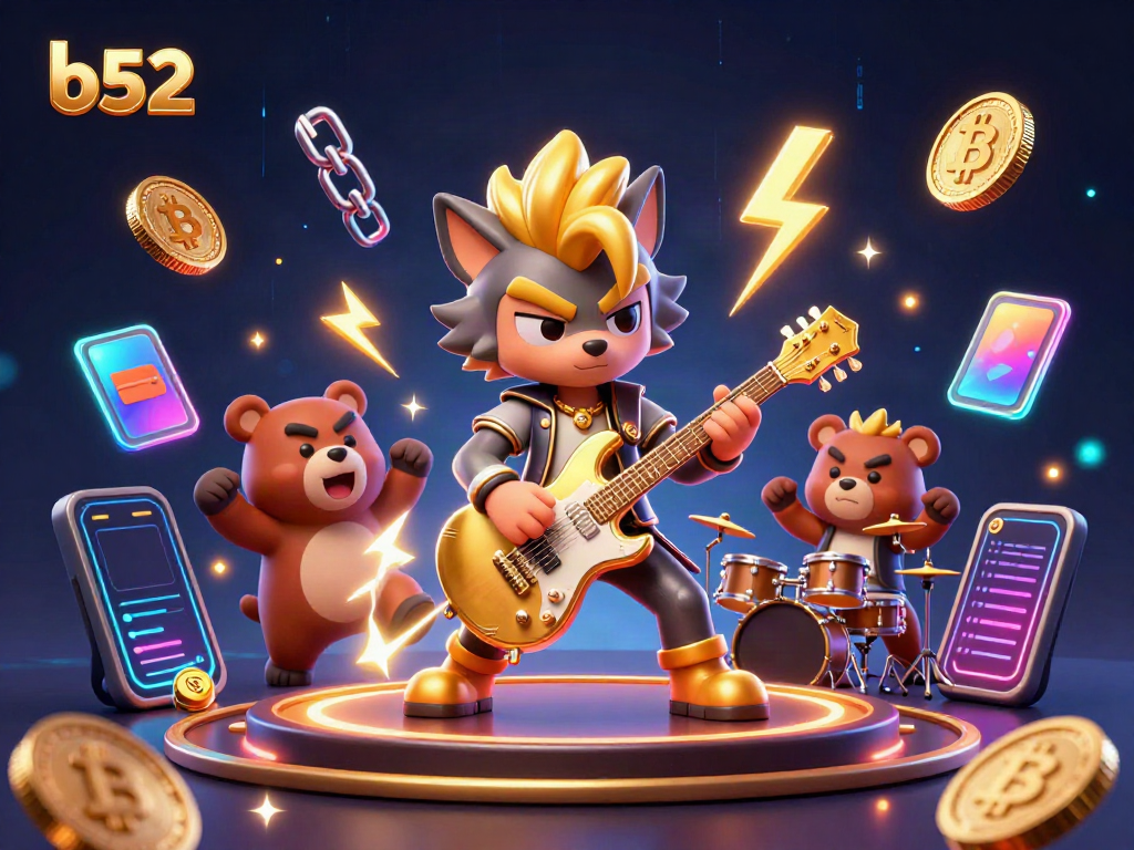 Engage in energetic gaming with b52 as the wolf plays guitar and crypto elements illuminate the casino stage.