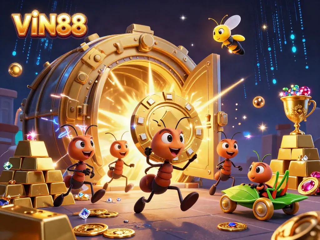 Engaging scene of VIN88's animated heist with golden poker chips in a casino heist.