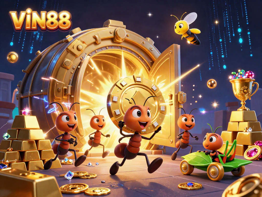 Engaging scene of VIN88's animated heist with golden poker chips in a casino heist.