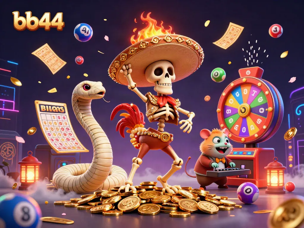 Experience winning moments with bb44 as a mariachi rooster dances among vibrant lottery elements and gold coins.