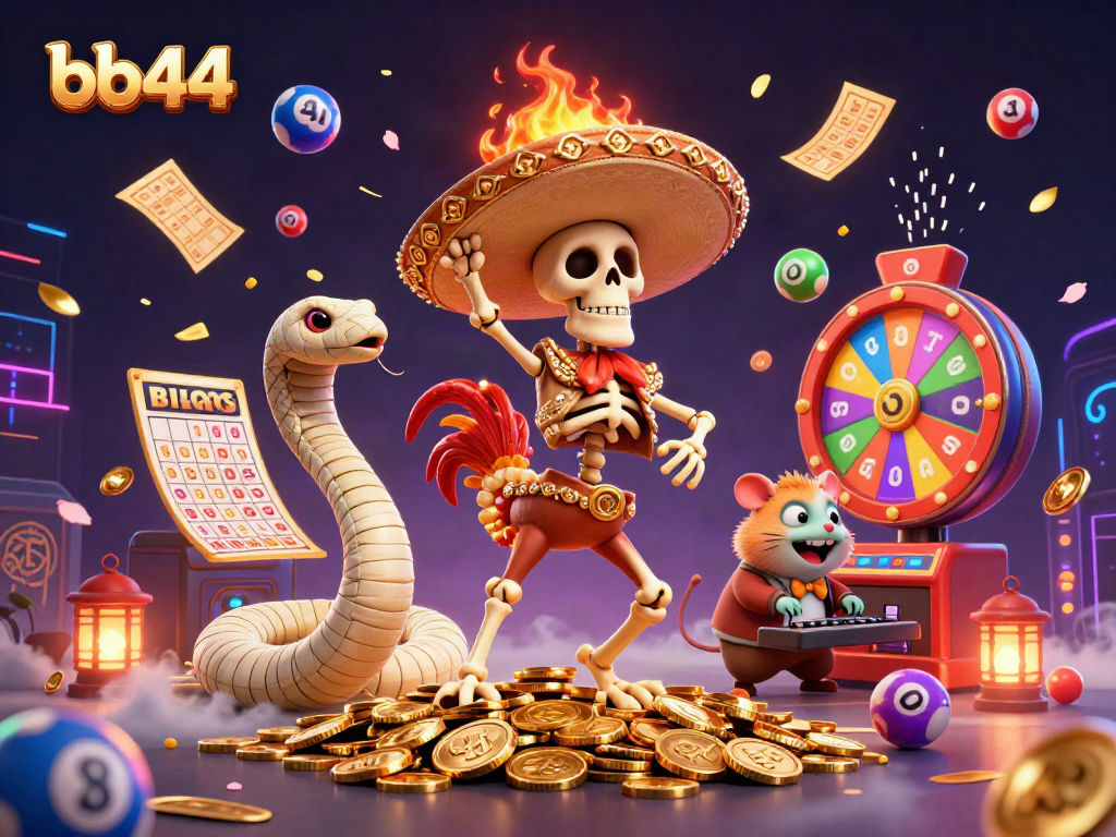 Experience winning moments with bb44 as a mariachi rooster dances among vibrant lottery elements and gold coins.