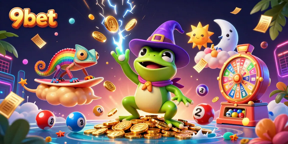 Join 9bet's exciting world with a weather wizard frog and colorful characters in a casino-themed adventure.