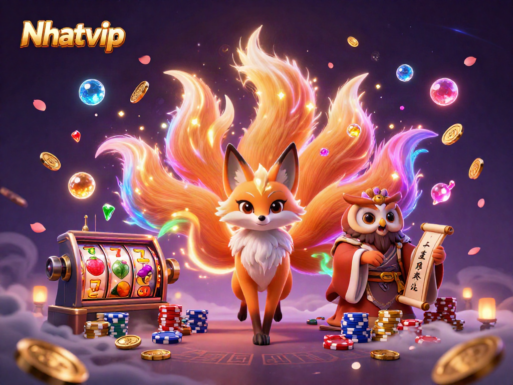 Nhatvip celebrates a vibrant casino experience with a colorful nine-tailed fox, coins, and slot machines.