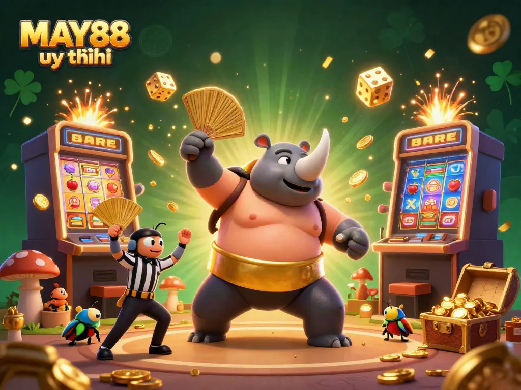 Experience the excitement of MAY88 uy tín with a vibrant 3D casino illustration featuring dynamic characters and elements.