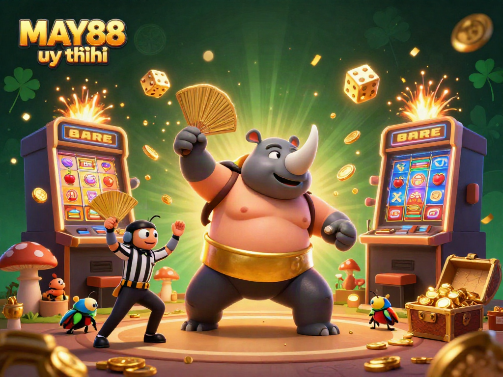 Experience the excitement of MAY88 uy tín with a vibrant 3D casino illustration featuring dynamic characters and elements.