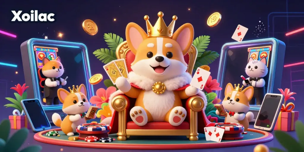 Xoilac showcases a royal corgi on a poker chip throne with vibrant gambling elements.