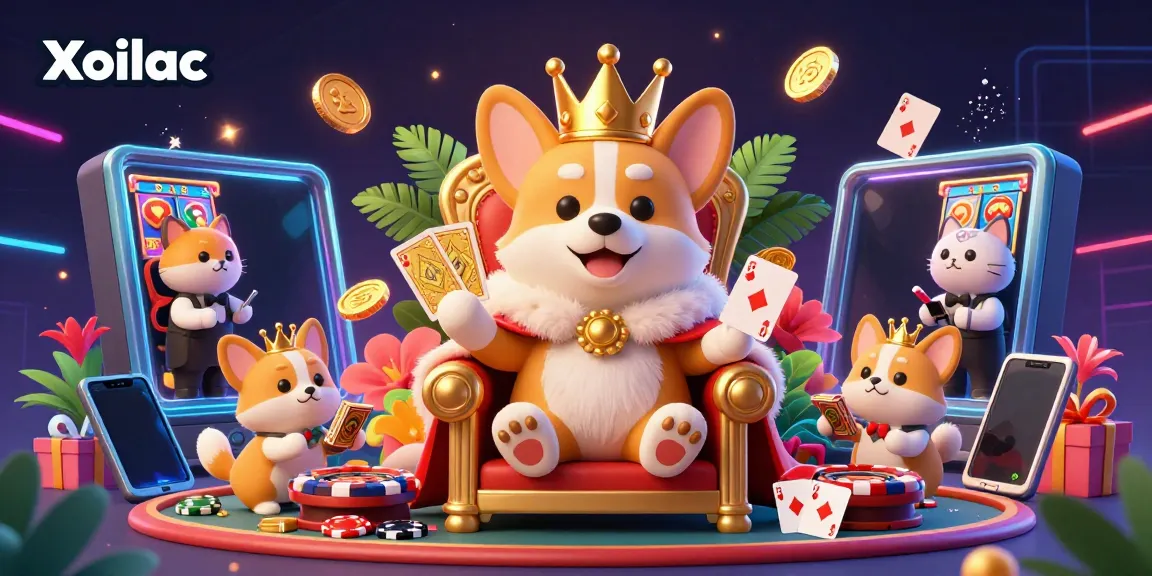 Xoilac showcases a royal corgi on a poker chip throne with vibrant gambling elements.