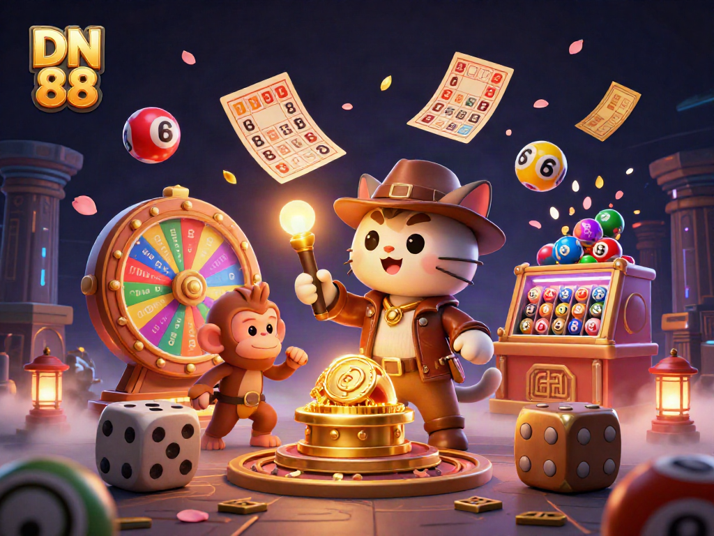 Experience the thrill of DN 88 with vibrant games and golden casino artifacts in 3D digital art.