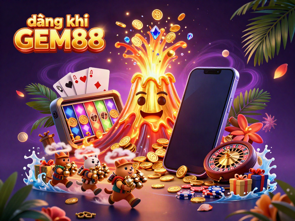 Join the excitement with đăng ký GEM88 as treasures erupt from a golden volcano in this vibrant casino scene.