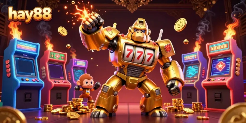 Experience the excitement of hay88 with a vibrant 3D illustration featuring a golden gorilla mech and dynamic gaming elements.