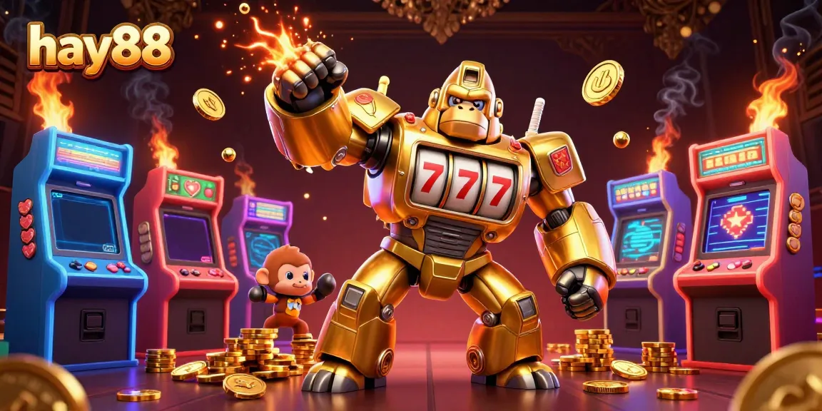 Experience the excitement of hay88 with a vibrant 3D illustration featuring a golden gorilla mech and dynamic gaming elements.