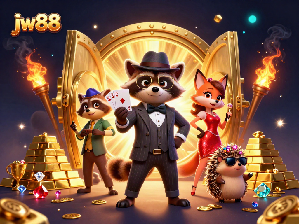 Engage with jw88 casino adventures featuring a suave raccoon, glamorous fox, and bouncer amidst treasures.