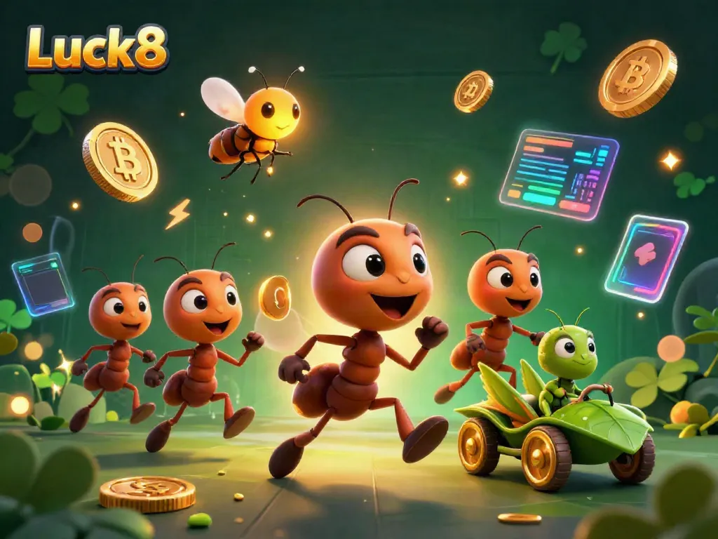 Luck8 ants heist scene featuring a golden poker chip, cryptocurrencies, and vibrant casino elements.
