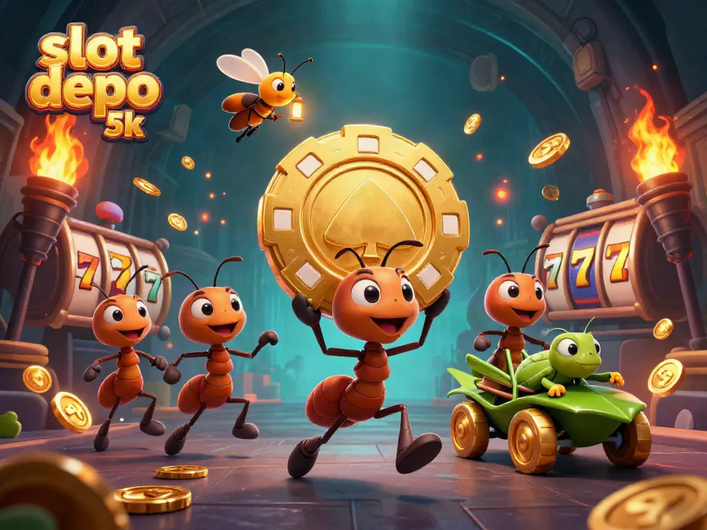 Experience thrilling action in a vibrant scene featuring slot depo 5k with ants heisting a giant poker chip and slot reels.