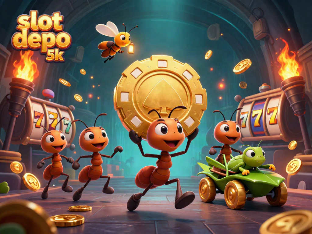Experience thrilling action in a vibrant scene featuring slot depo 5k with ants heisting a giant poker chip and slot reels.