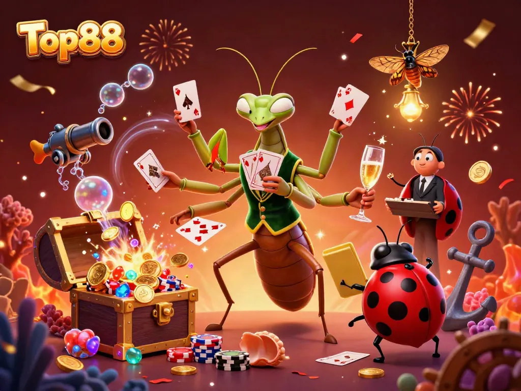 Engage in thrilling casino action with Top88's unique 3D illustration featuring vibrant characters and dynamic game elements.