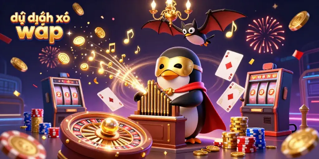 Engaging scene of dự đoán xổ số wap with golden coins cascading as the penguin plays an organ, enhancing the lottery experience.