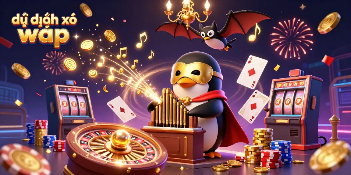 Engaging scene of dự đoán xổ số wap with golden coins cascading as the penguin plays an organ, enhancing the lottery experience.