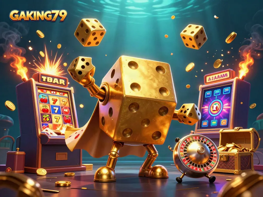 Experience the thrilling world of GAKING79 with dazzling golden dice and a jackpot explosion in this vibrant casino scene.
