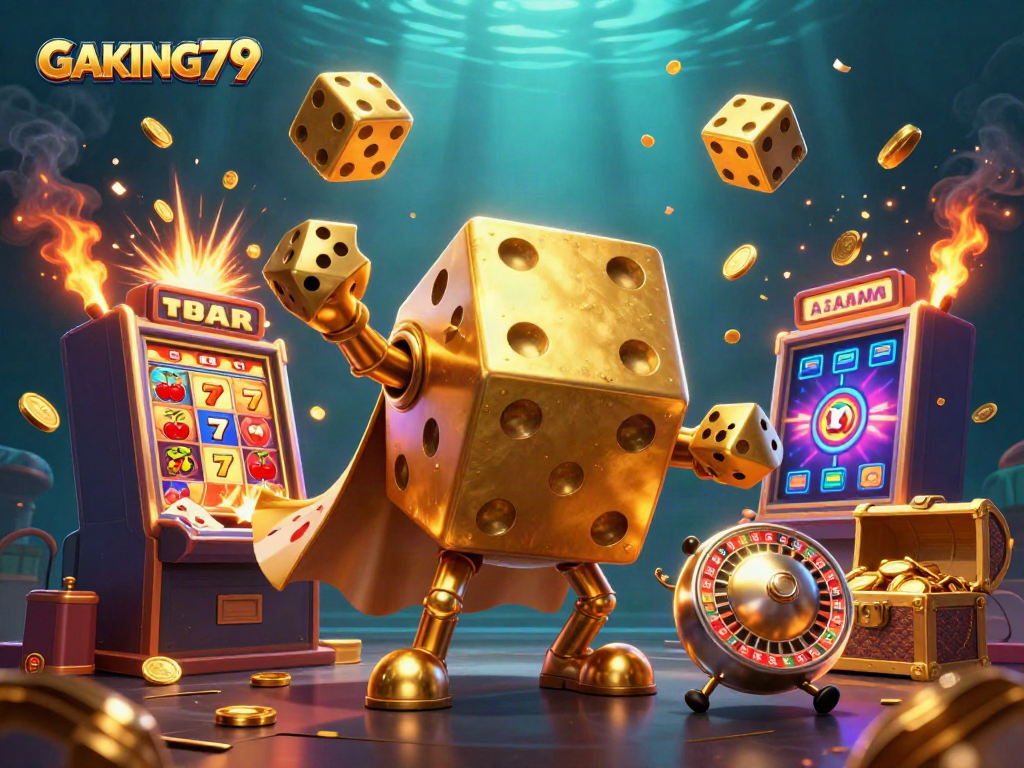 Experience the thrilling world of GAKING79 with dazzling golden dice and a jackpot explosion in this vibrant casino scene.