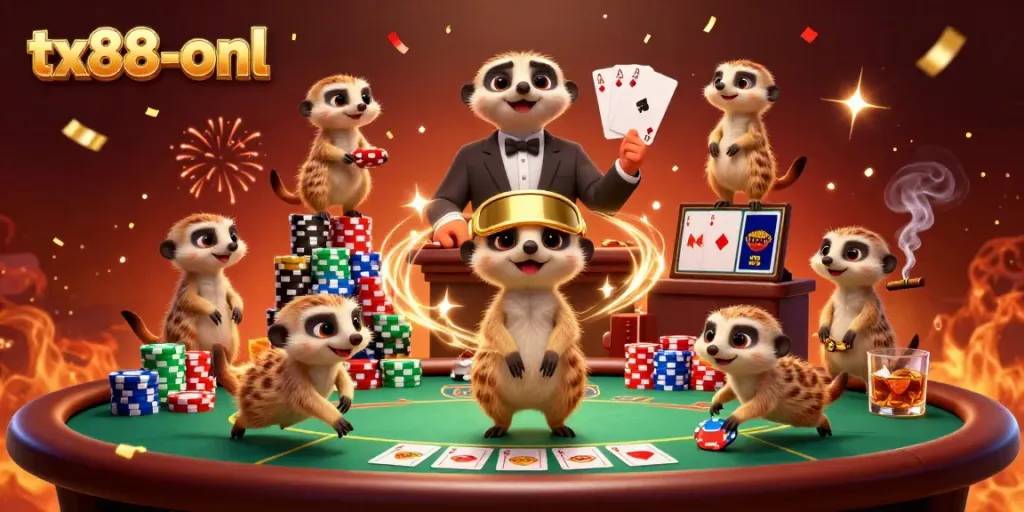 Engage in thrilling poker action at tx88-onl with meerkats running a lively casino scene.