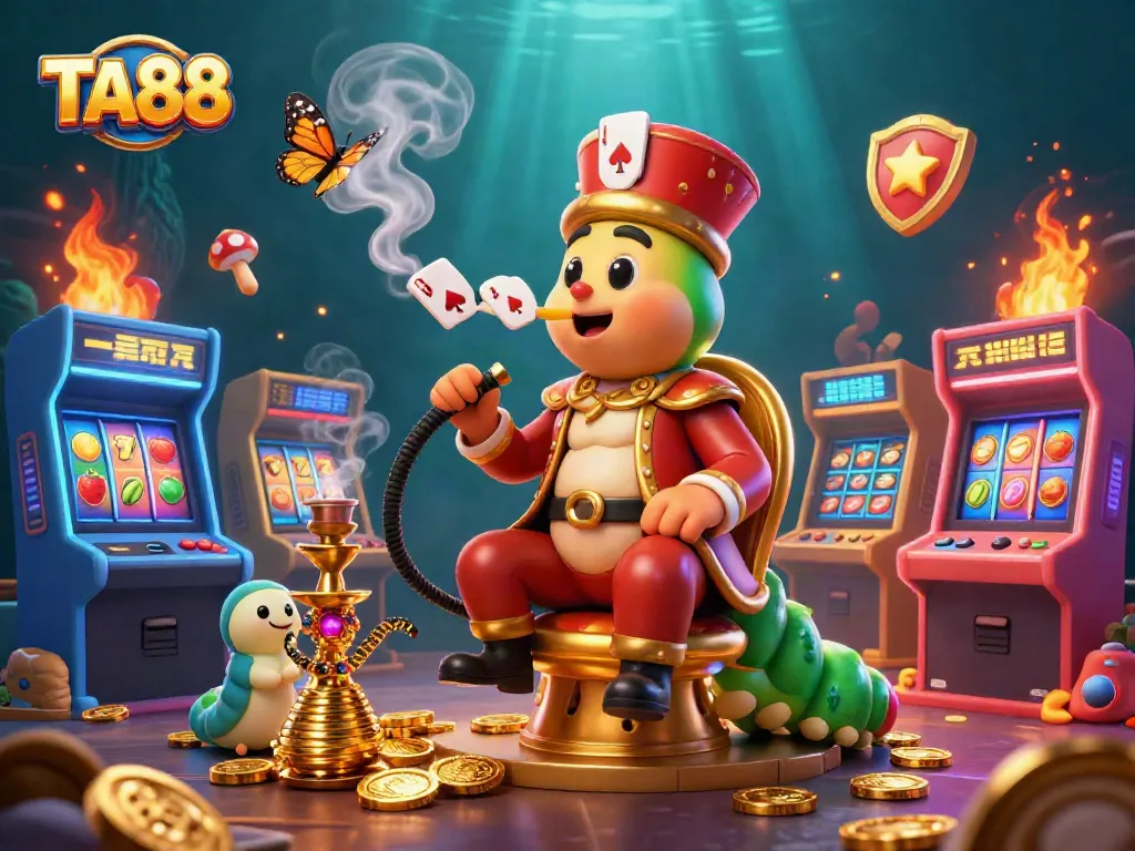 Engage with TA88's vibrant 3D casino illustration featuring an enchanting caterpillar master and rich gaming elements.