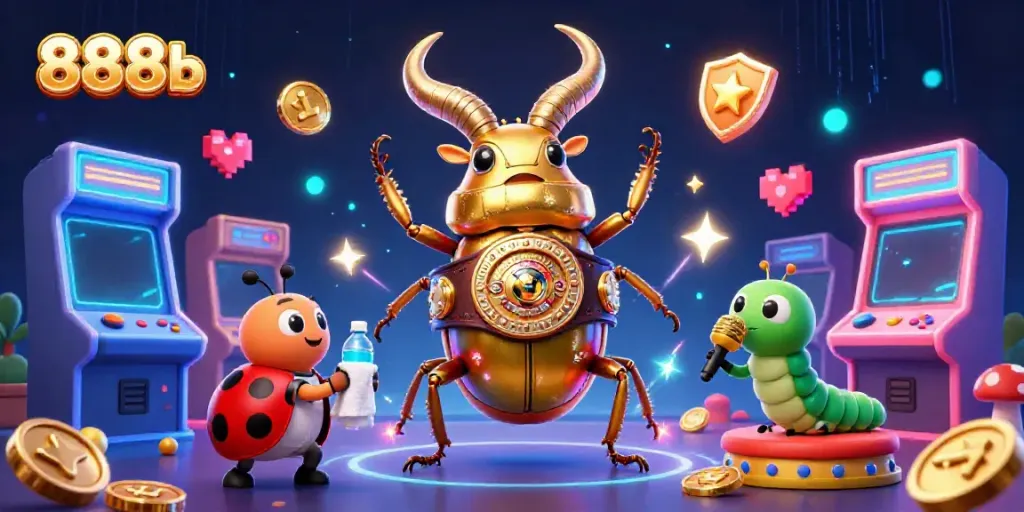 888b engages players in a dynamic casino battle featuring vibrant characters and glowing arcade elements.