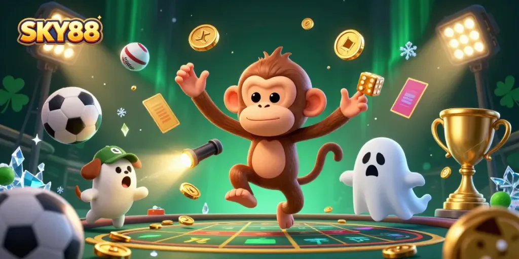 Engaging depiction of the SKY88 mischievous characters enhancing the casino experience with golden gaming items.