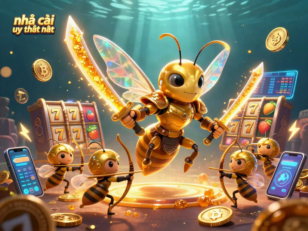 Visualize the exciting world of nhà cái uy tín nhất with a cartoon hornet and dramatic game elements.