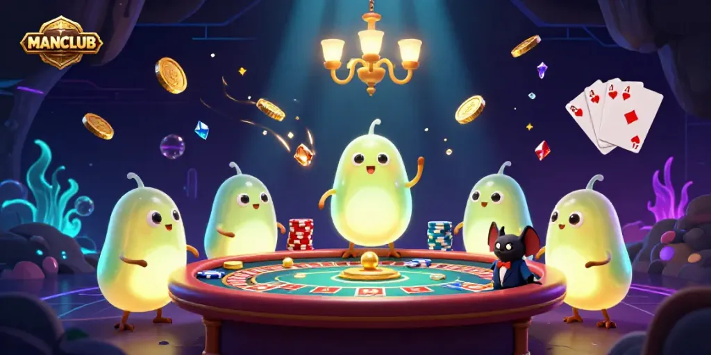 Engage with the exciting MANCLUB casino experience, featuring glowworms in a vibrant cave setting.
