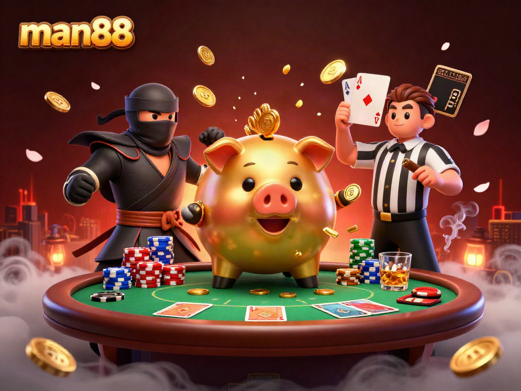 Experience the thrill at man88 with a dynamic 3D casino scene featuring a golden piggy bank sumo wrestler, vibrant cards, and towering poker chips.