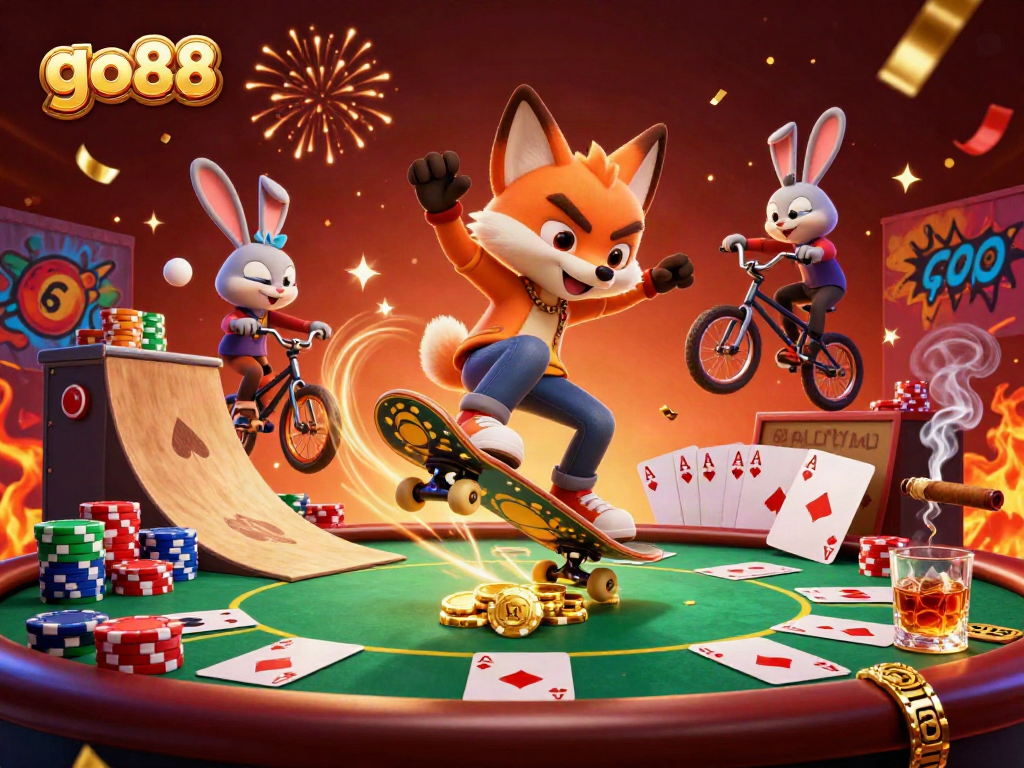 Experience dynamic gaming action with go88 as a skateboarder fox and BMX rabbit engage in thrilling tricks.