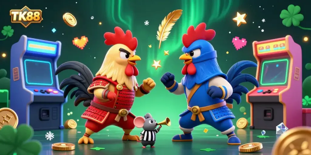 Experience thrilling battles with TK88's duel of 3D roosters in colorful gaming paradise.