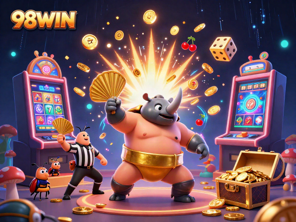 Experience the excitement of 98WIN with a dynamic 3D casino illustration scene featuring a beetle sumo champion.