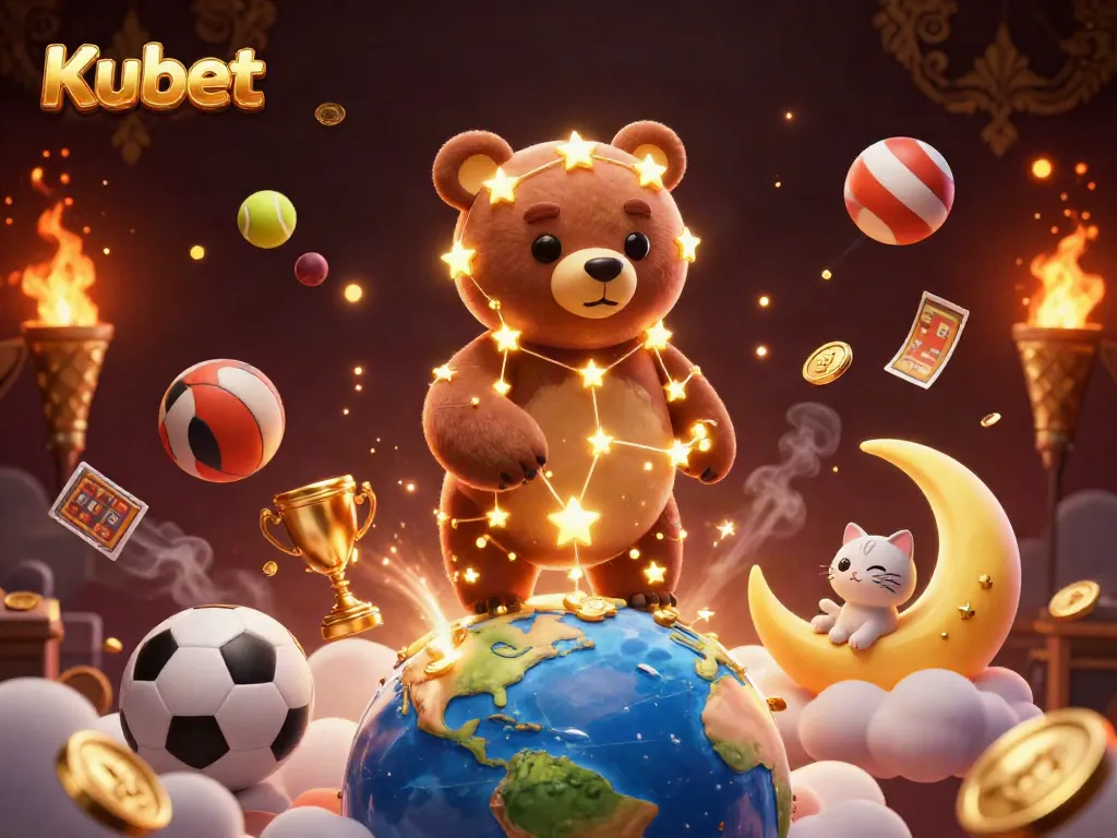 Kubet engages players with a vibrant 3D digital illustration of a constellation bear and dynamic sports elements.