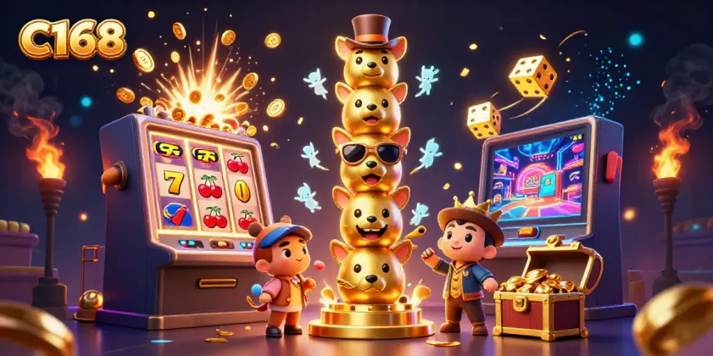 Experience C168 casino excitement with golden totem, slot machines, and jackpot coins.
