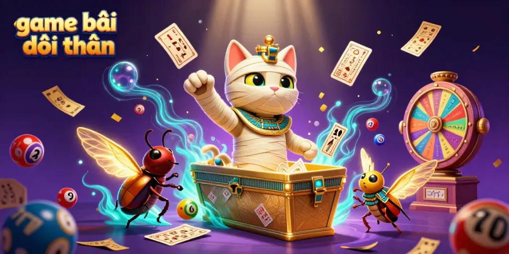 Engage with game bài đổi thưởng amid a vibrant, captivating casino scene featuring a mummy cat and dynamic gambling elements.