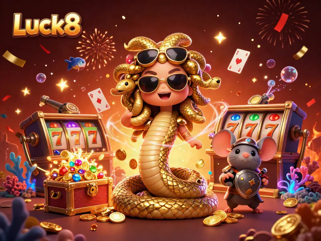 Luck8's vibrant casino scene featuring Medusa and warrior mouse celebrating with colorful slot elements.