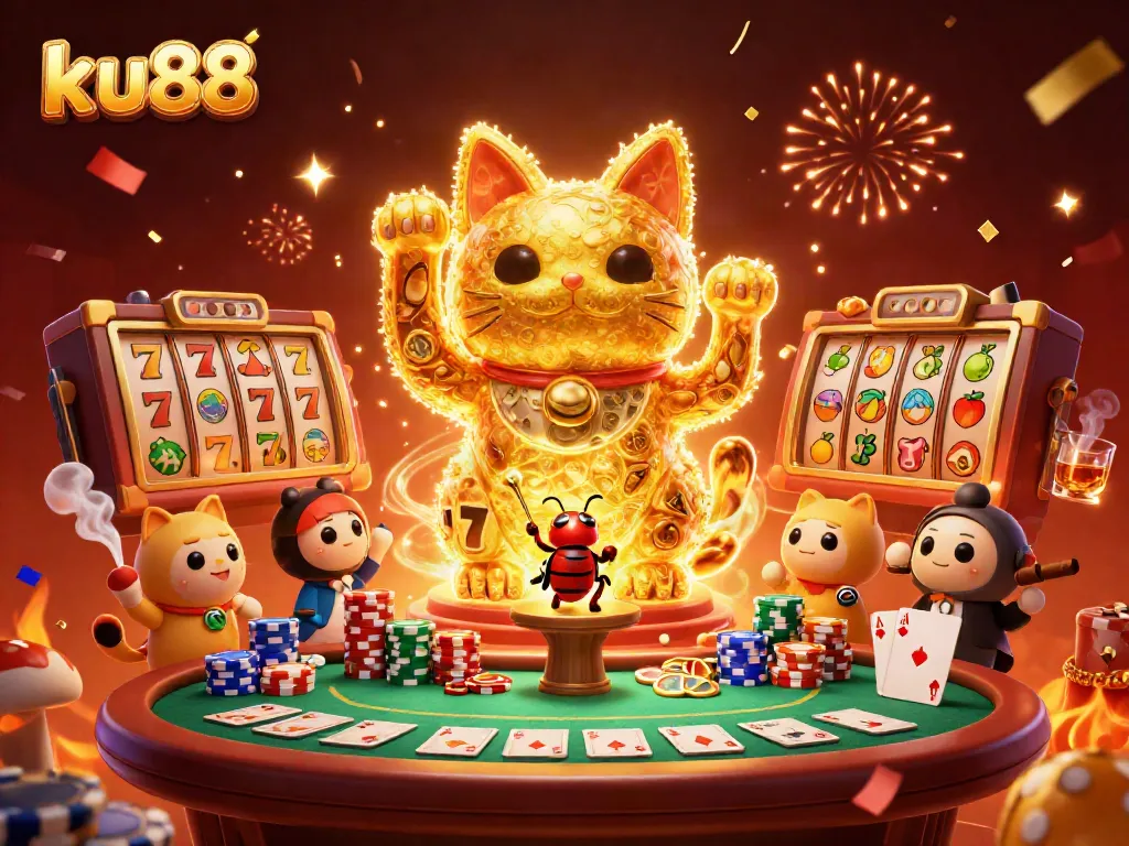 Experience the thrill of ku88 with dynamic casino visuals showcasing a lucky cat and vivid game elements.
