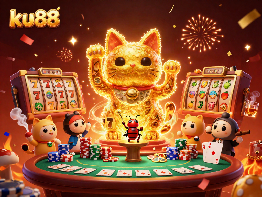 Experience the thrill of ku88 with dynamic casino visuals showcasing a lucky cat and vivid game elements.