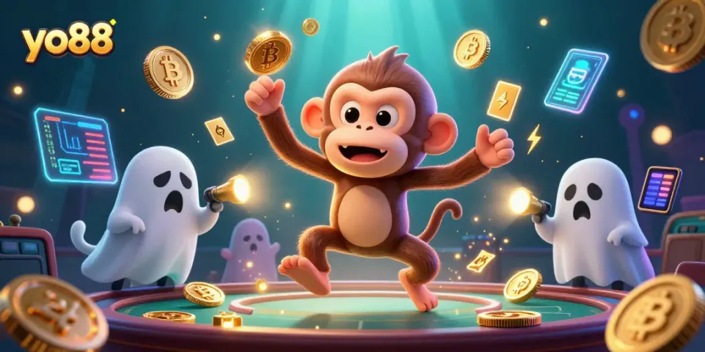 Engage in thrilling gaming adventures at yo88 with cartoon characters illuminating a haunted casino scene.