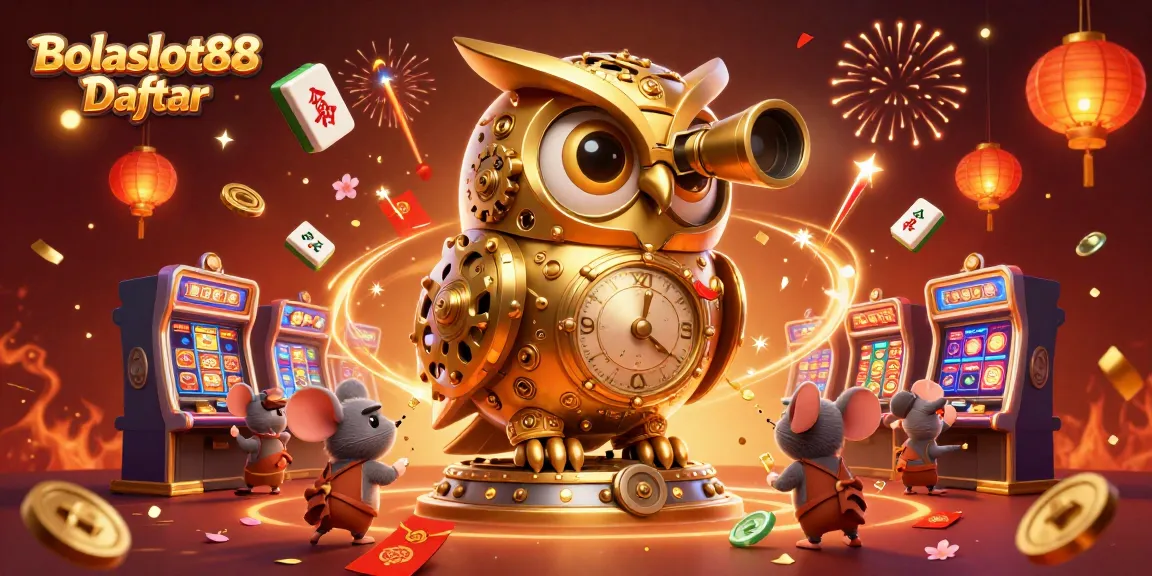 Experience the thrill of Bolaslot88 Daftar with a vibrant 3D casino illustration featuring a golden owl and slot machines.