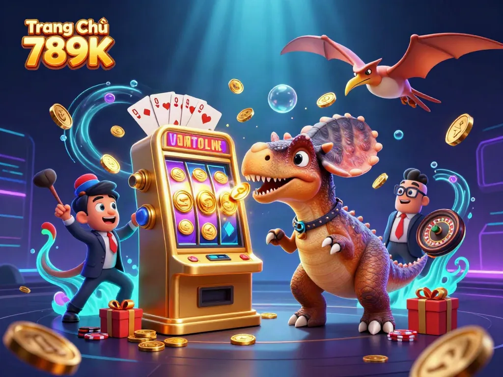 Experience the excitement of Trang Chủ 789K with a dynamic slot machine scene featuring dinosaurs and flying coins.