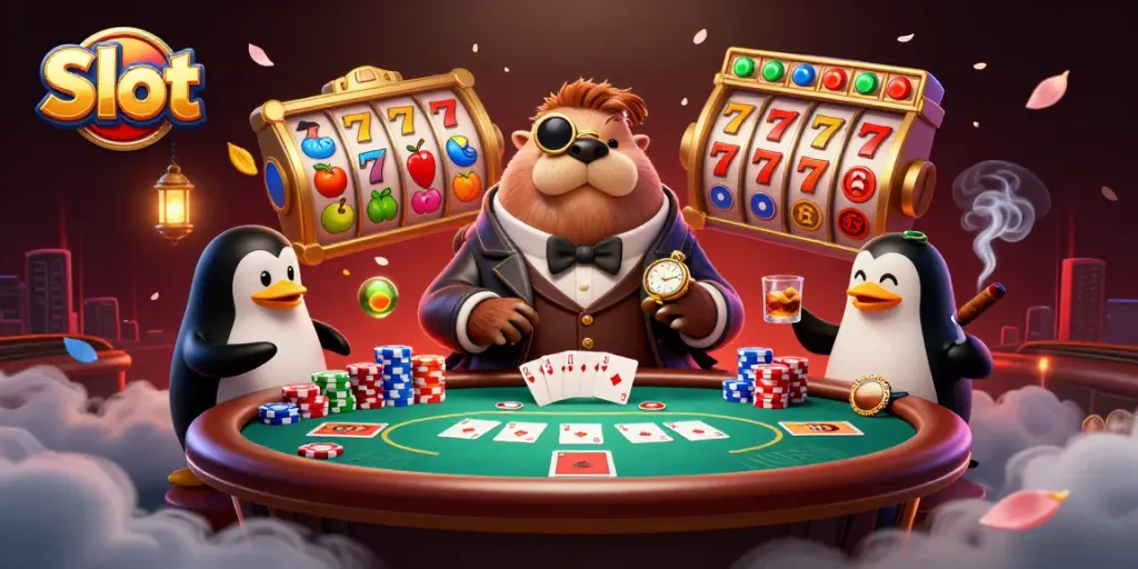Engage in thrilling Slot action with a walrus and friends at an underwater casino table.