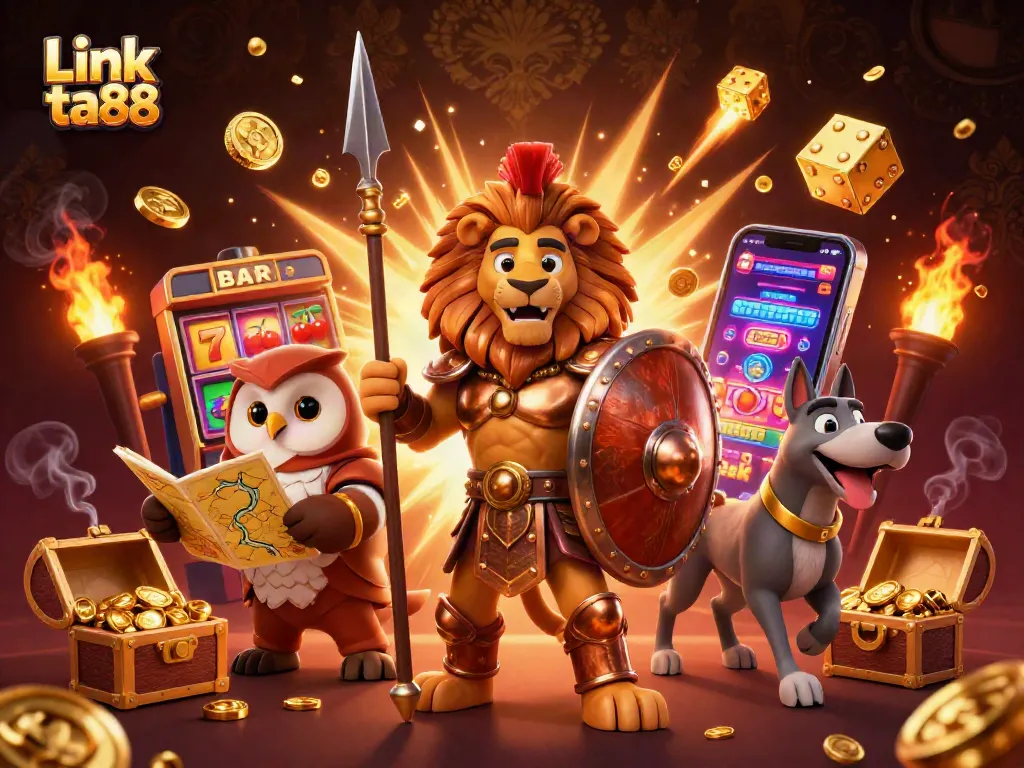 Engage with exhilarating slot action featuring Link ta88 amidst golden coins and vibrant game elements.