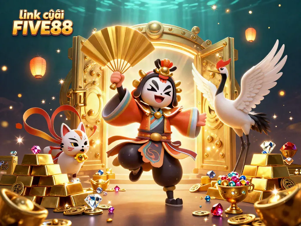 Experience the excitement of link vào FIVE88 with a vibrant 3D cartoon illustration highlighting a kabuki warrior and treasures.