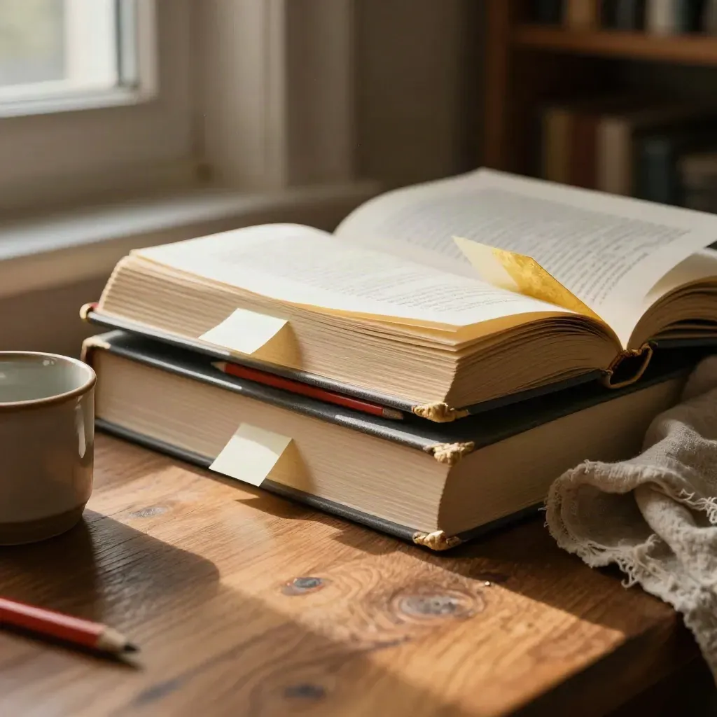 Antologia literacka z zakładkami, czerwonym ołówkiem i kubkiem na ciepłym drewnie
